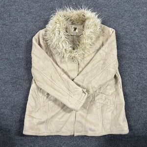 Seventy Seven Jacket Womens Size 2X Beige Faux Suede Fur Collar Sherpa Coat